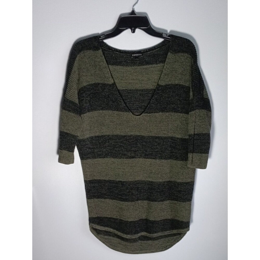 Express Olive Green and Black Striped V-Neck Sweater Tunic